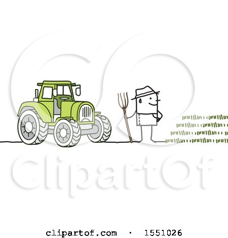 Clipart of a Stick Man Farmer Facing a Crop, Standing by a Tractor - Royalty Free Vector Illustration by NL shop