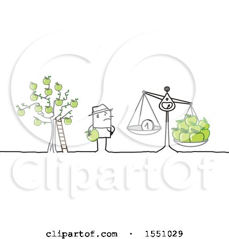 Clipart of a Stick Man Farmer Seeing the Decline in Price for His Apples - Royalty Free Vector Illustration by NL shop