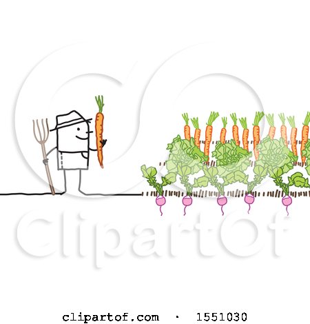 Clipart of a Stick Man Farmer Harvesting Radishes and Carrots - Royalty Free Vector Illustration by NL shop
