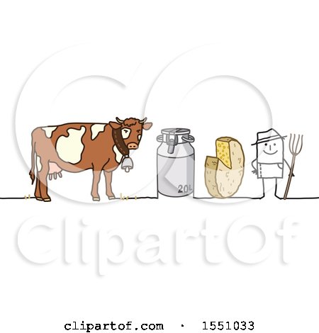 Clipart of a Stick Man Farmer with a Dairy Cow, Milk Container and Cheese - Royalty Free Vector Illustration by NL shop