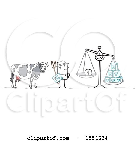 Clipart of a Stick Man Dairy Farmer with a Cow and Low Cost Milk Production - Royalty Free Vector Illustration by NL shop