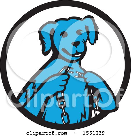 Clipart of a Retro Blue Dog Sitting with a Broken Chain in Hands Inside a Black and White Circle - Royalty Free Vector Illustration by patrimonio