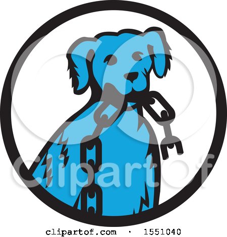 Clipart of a Retro Blue Dog Sitting with a Broken Chain in His Mouth Inside a Black and White Circle - Royalty Free Vector Illustration by patrimonio