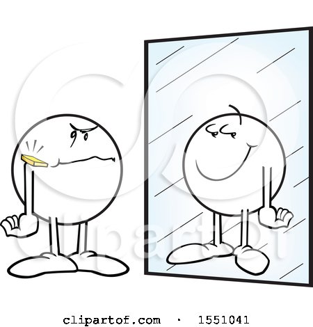 Clipart of a Moodie Character with a Chip on His Shoulder, Seeing a Friendly Reflection in a Mirror - Royalty Free Vector Illustration by Johnny Sajem