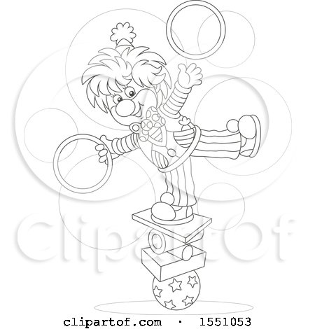 Clipart of a Lineart Circus Clown Balancing and Juggling Rings - Royalty Free Vector Illustration by Alex Bannykh