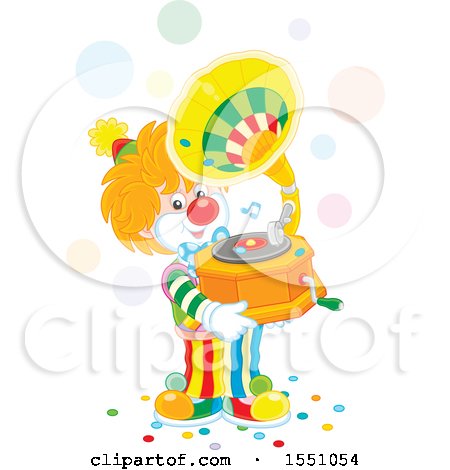 Clipart of a Clown Holding a Phonograph and Playing Music - Royalty Free Vector Illustration by Alex Bannykh