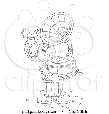 Clipart of a Lineart Clown Holding a Phonograph and Playing Music - Royalty Free Vector Illustration by Alex Bannykh