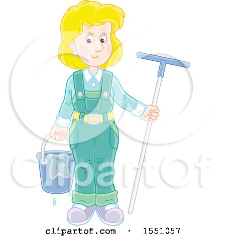 Clipart of a Happy Blond Caucasian Window Washer Woman Holding a Bucket and Squilgee - Royalty Free Vector Illustration by Alex Bannykh
