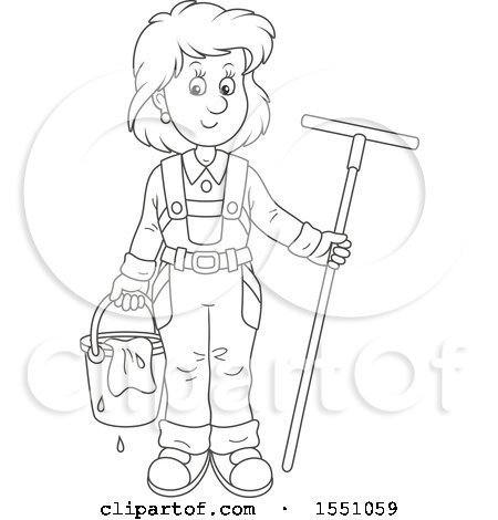 Clipart of a Lineart Window Washer Woman Holding a Bucket and Squilgee - Royalty Free Vector Illustration by Alex Bannykh