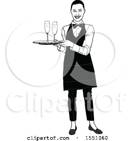 Clipart of a Grayscale Waitress Holding a Tray with Champagne - Royalty Free Vector Illustration by dero