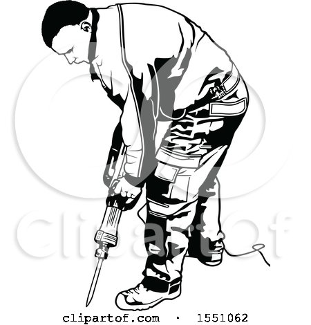 Clipart of a Black and White Worker Operating a Pneumatic Drill - Royalty Free Vector Illustration by dero