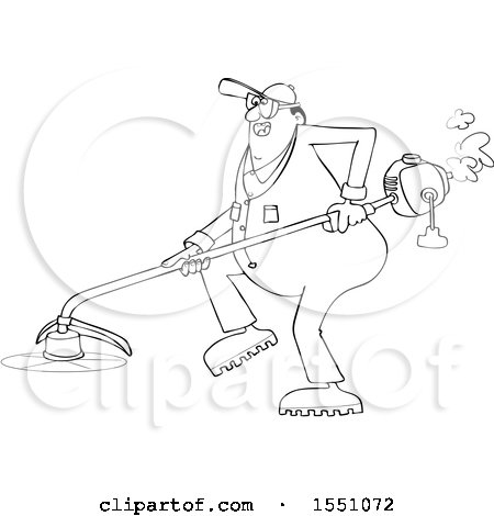 Clipart of a Cartoon Lineart Male Landscaper or Gardener Using a Weed Trimmer - Royalty Free Vector Illustration by djart