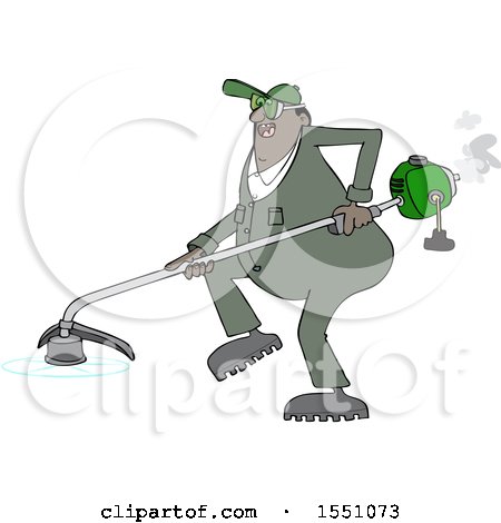 Clipart of a Cartoon Black Male Landscaper or Gardener Using a Weed Trimmer - Royalty Free Vector Illustration by djart
