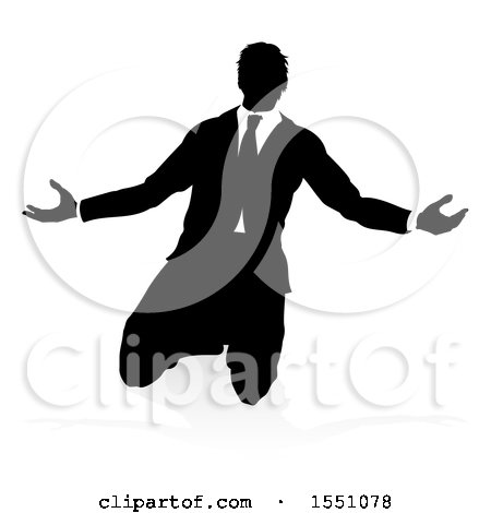 Clipart of a Silhouetted Business Man Kneeling and Worshiping, with a Shadow on a White Background - Royalty Free Vector Illustration by AtStockIllustration