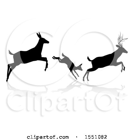 Clipart of a Black Silhouetted Deer Family Leaping, with a Shadow on a White Background - Royalty Free Vector Illustration by AtStockIllustration