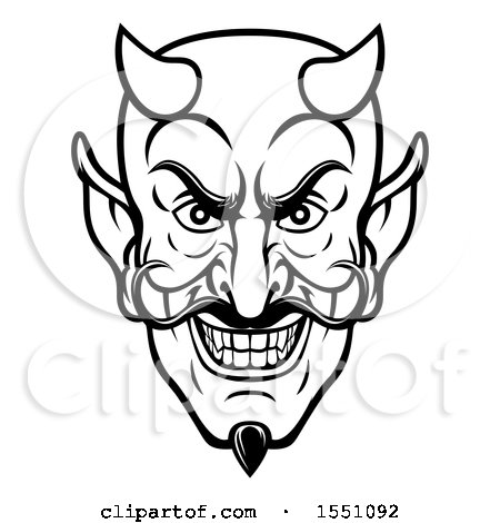 Clipart of a Black and White Grinning Evil Devil Face - Royalty Free Vector Illustration by AtStockIllustration