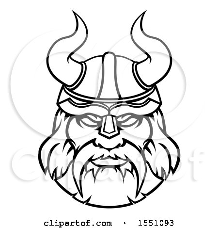 Clipart of a Black and White Tough Male Viking Warrior Face Wearing a Horned Helmet - Royalty Free Vector Illustration by AtStockIllustration