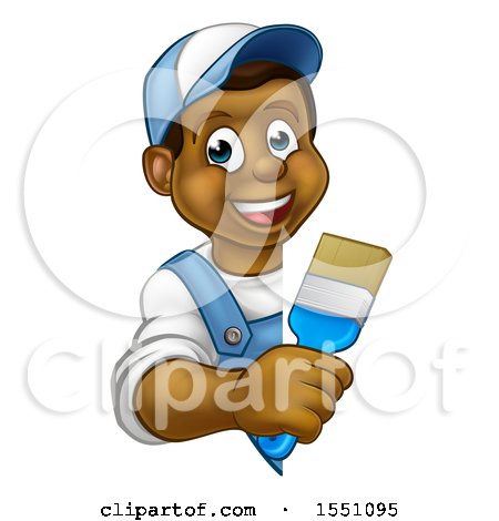 Clipart of a Happy Black Male Painter Holding a Brush Around a Sign - Royalty Free Vector Illustration by AtStockIllustration