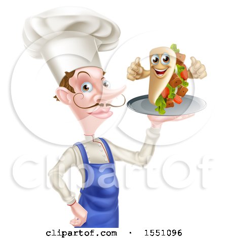 Clipart of a White Male Chef Holding a Souvlaki Kebab Sandwich on a Tray - Royalty Free Vector Illustration by AtStockIllustration