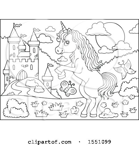 Clipart of a Black and White Unicorn near a Castle - Royalty Free Vector Illustration by visekart