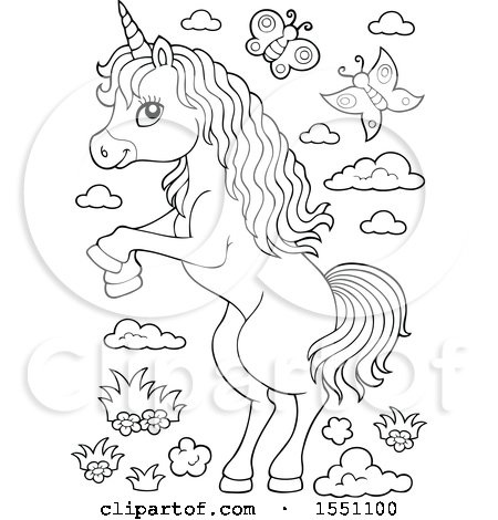 Clipart of a Black and White Unicorn with Butterflies - Royalty Free Vector Illustration by visekart