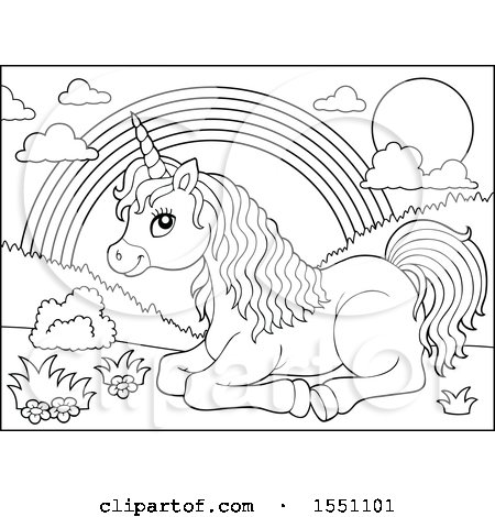 Clipart of a Black and White Unicorn Resting near a Rainbow - Royalty Free Vector Illustration by visekart
