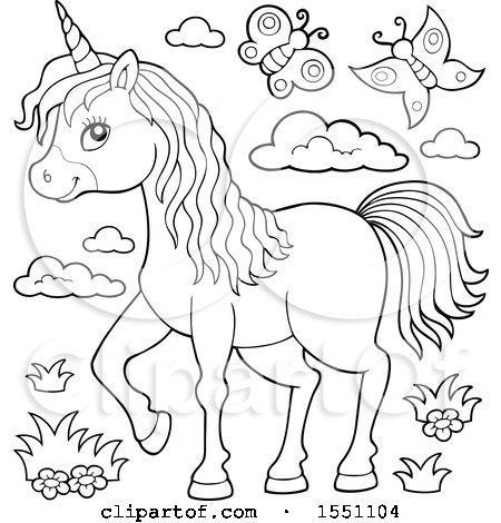 Clipart of a Black and White Unicorn with Butterflies - Royalty Free Vector Illustration by visekart