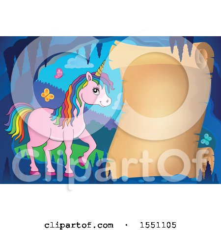 Clipart of a Blank Scroll and Pink Unicorn with Colorful Hair - Royalty Free Vector Illustration by visekart