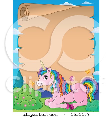 Clipart of a Scroll with a Resting Pink Unicorn with Colorful Hair - Royalty Free Vector Illustration by visekart