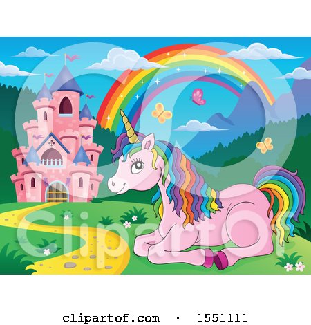Clipart of a Castle and Resting Pink Unicorn with Colorful Hair - Royalty Free Vector Illustration by visekart