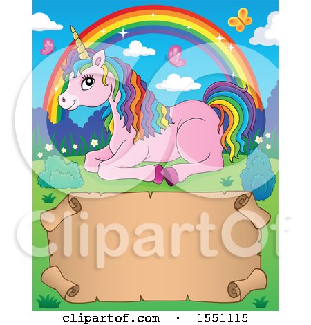 Clipart of a Unicorn, Rainbow and Parchment Scroll - Royalty Free Vector Illustration by visekart