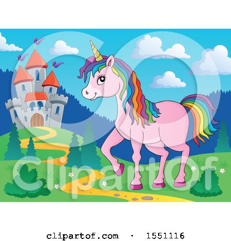 Clipart of a Castle and a Pink Unicorn with Colorful Hair - Royalty Free Vector Illustration by visekart