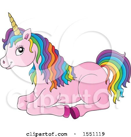 Clipart of a Resting Pink Unicorn with Colorful Hair - Royalty Free Vector Illustration by visekart