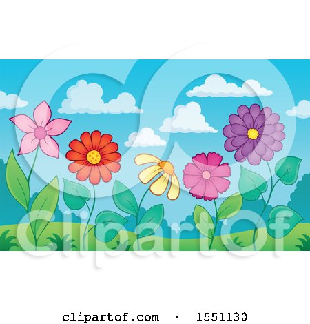 Clipart of a Garden with Flowers Against a Blue Sky - Royalty Free Vector Illustration by visekart