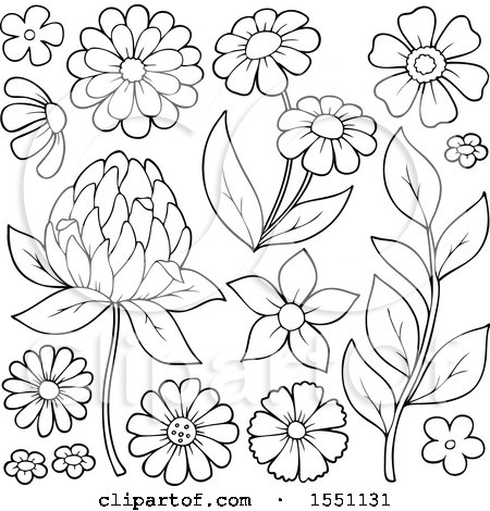 Clipart of Lineart Spring Time Flowers - Royalty Free Vector Illustration by visekart