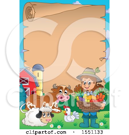 Clipart of a Scroll Border and a Farmer Girl Holding a Basket of Produce by Animals - Royalty Free Vector Illustration by visekart