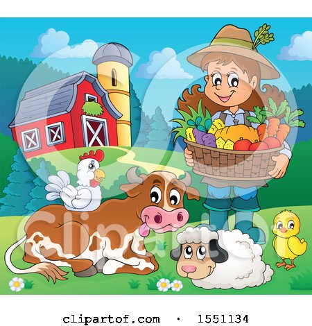 Clipart of a Farmer Girl Holding a Basket of Produce by Animals - Royalty Free Vector Illustration by visekart