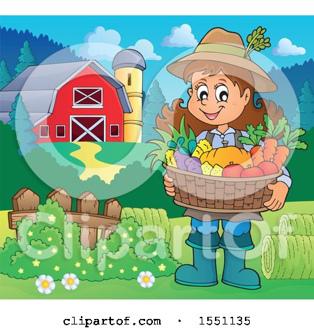 Clipart of a Farmer Girl Holding a Basket of Produce near a Barn - Royalty Free Vector Illustration by visekart