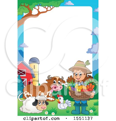 Clipart of a Border of a Farmer Girl Holding a Basket of Produce by Animals - Royalty Free Vector Illustration by visekart