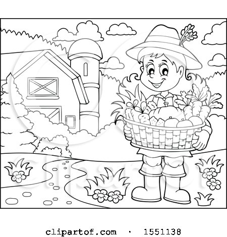 Clipart of a Lineart Farmer Girl Holding a Basket of Produce - Royalty Free Vector Illustration by visekart
