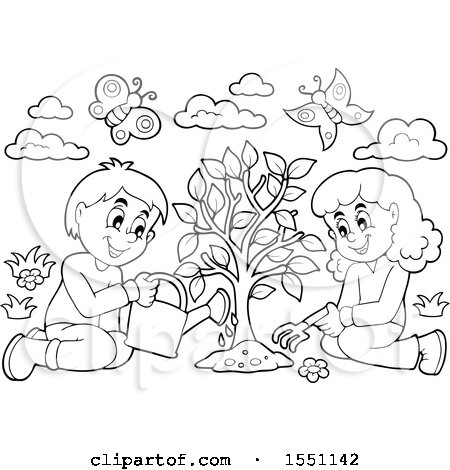 Clipart of a Lineart Girl and Boy Planting a Tree - Royalty Free Vector Illustration by visekart