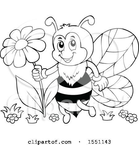 Clipart of a Black and White Bee Holding a Flower - Royalty Free Vector Illustration by visekart