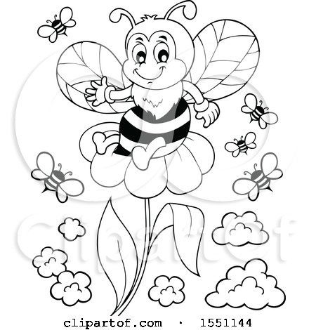 Clipart of a Black and White Flower and Bees - Royalty Free Vector Illustration by visekart