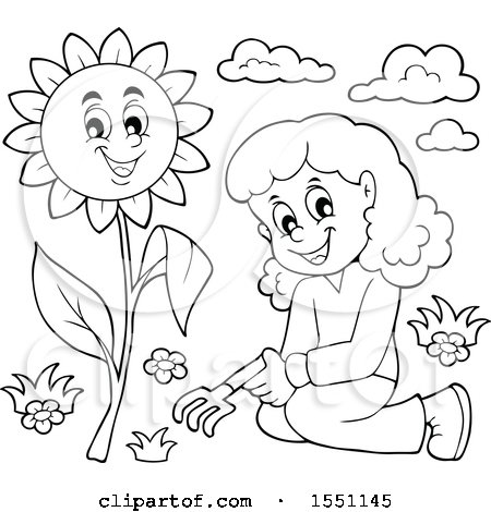 Clipart of a Lineart Girl by a Sunflower - Royalty Free Vector Illustration by visekart