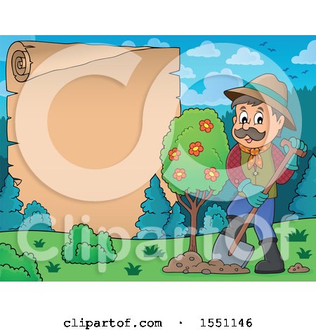 Clipart of a Happy Farmer Planting a Tree, with a Scroll - Royalty Free Vector Illustration by visekart