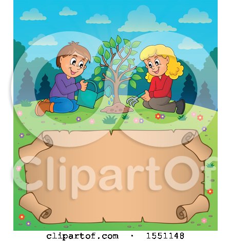 Clipart of a Girl and Boy Planting a Tree over a Parchment Scroll - Royalty  Free Vector Illustration by visekart #1551148