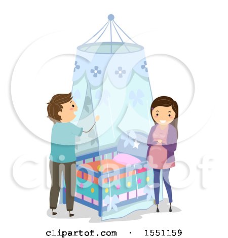 Clipart of a Happy Expecting Couple Setting up a Net Around a Baby Crib - Royalty Free Vector Illustration by BNP Design Studio