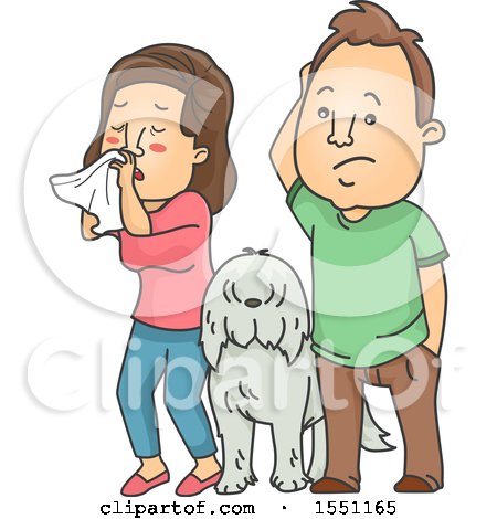 Clipart of a Dog Between a Couple, the Woman with Allergies - Royalty Free Vector Illustration by BNP Design Studio