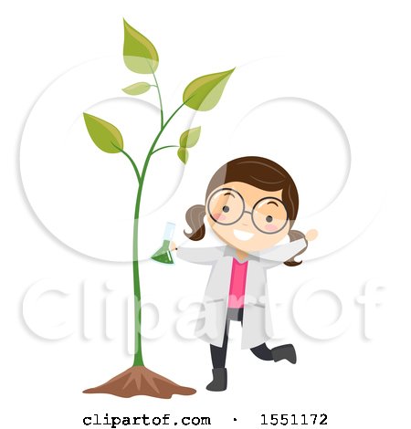 Clipart of a Girl Scientist Using Fertilizer to Make a Plant Grow Big - Royalty Free Vector Illustration by BNP Design Studio