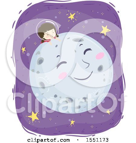 Clipart of a Girl Astronaut Resting on a Happy Moon - Royalty Free Vector Illustration by BNP Design Studio